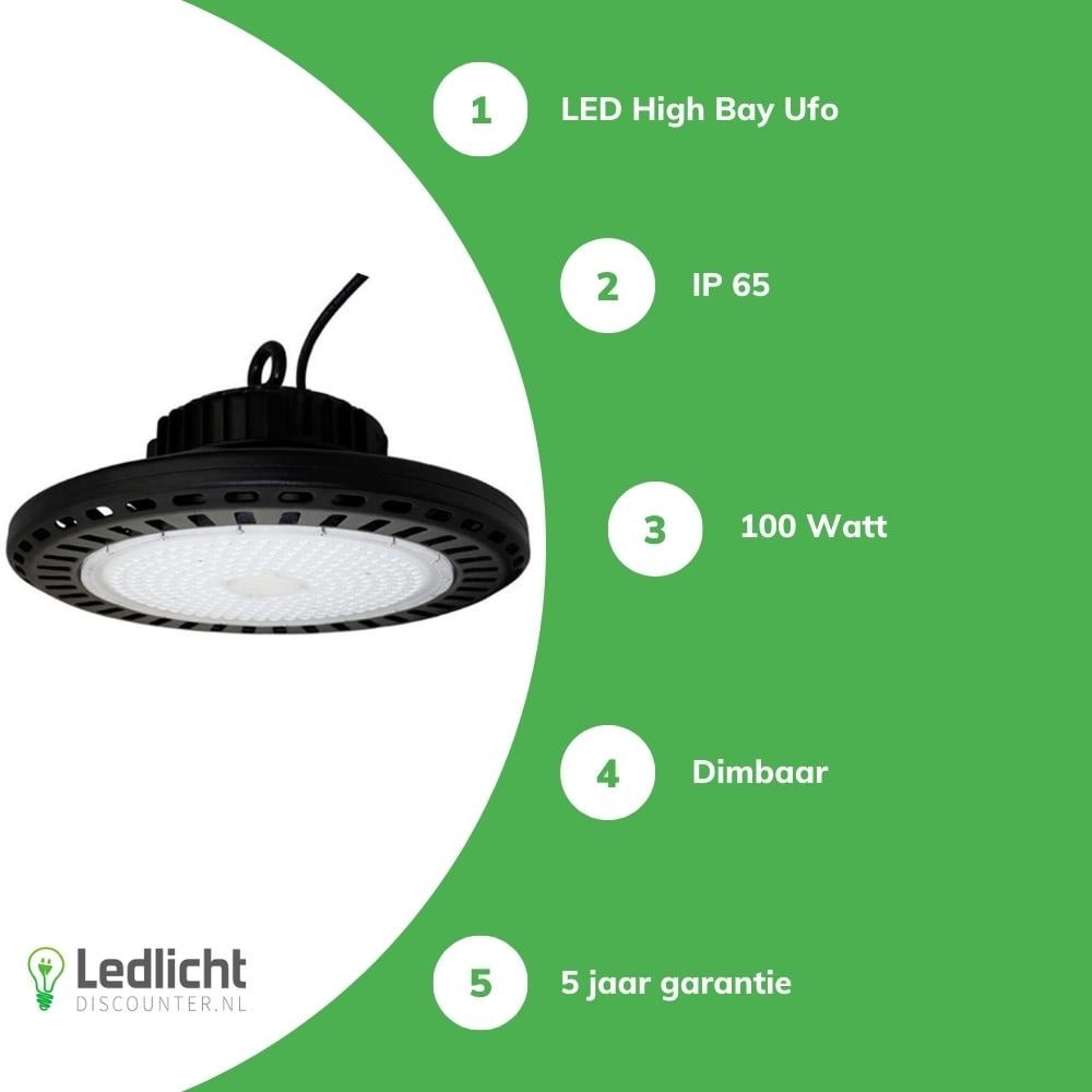 Tsong LED High Bay UFO 100W 15000 lumens 1-10V Dimmbable 3000K CRI 80 Puce Philips IP20 CE RoHS Noir