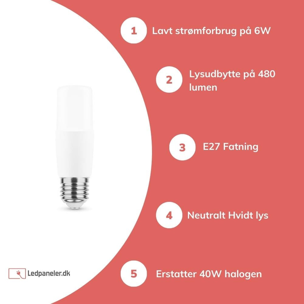 Aigostar LED staaflamp E27 T35 6W vervangt 40W 4000K neutraal wit, flikkervrij, Ra80, IP20, CE RoHS