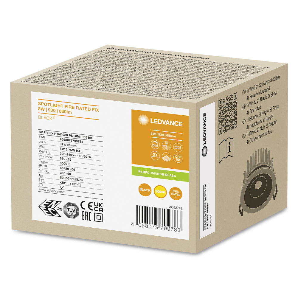 Spot encastré LED Ledvance coupe-feu 8W 3000K dimmable IP65 Noir 90CRI faisceau 36°