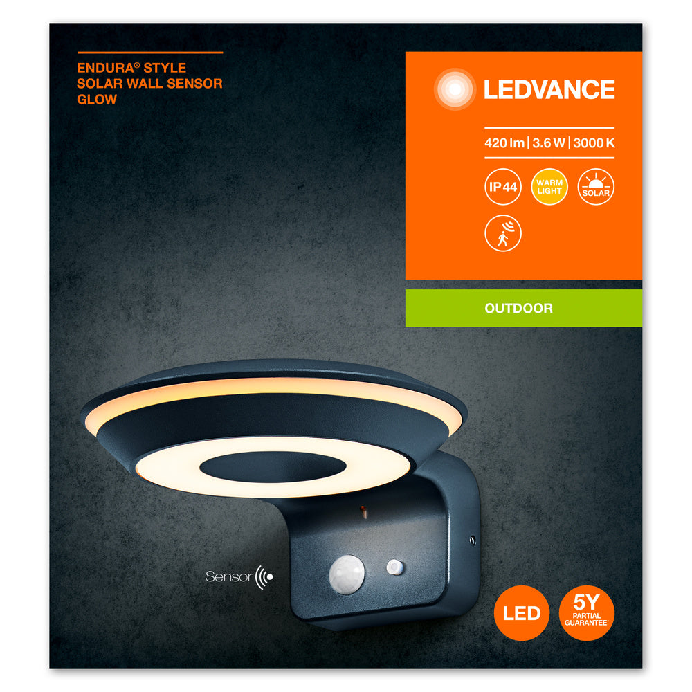 Ledvance Endura Style solar GLOW Wand Sensor LED 3.6W 3000K IP44 Donkergrijs Buitenlamp