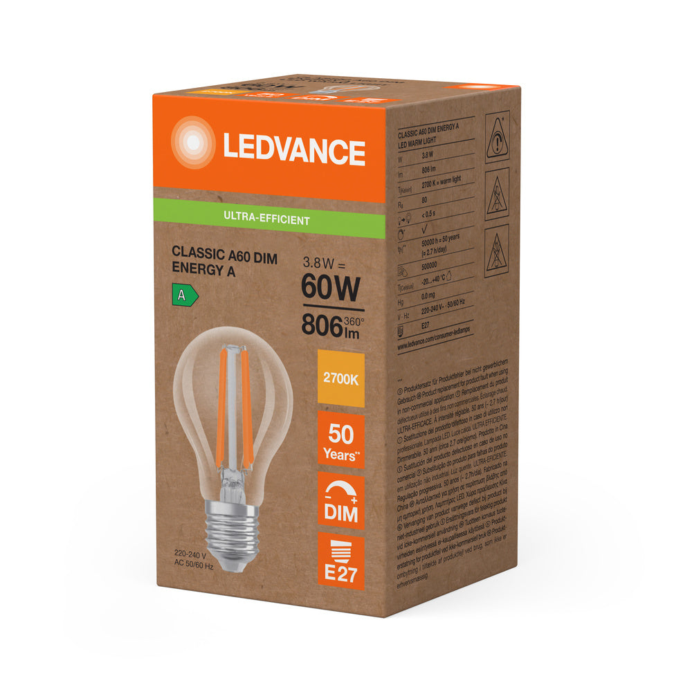 Ledvance LED Classic A E27 Warm Wit 2700K 3.8W dimbaar heldere lamp 806 lumen 220-240V IP20 50000h