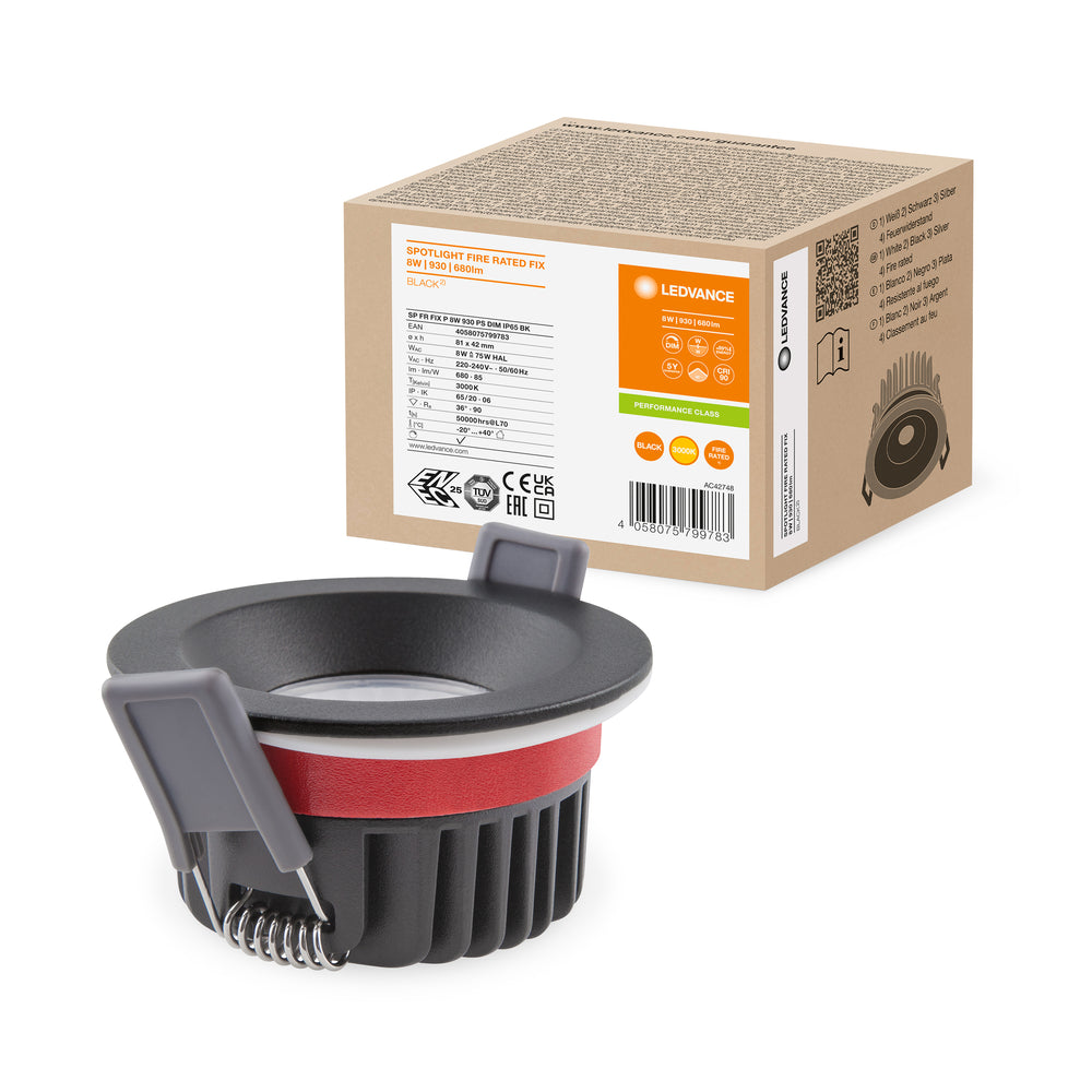 Spot encastré LED Ledvance coupe-feu 8W 3000K dimmable IP65 Noir 90CRI faisceau 36°