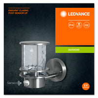 Ledvance ENDURA Classic Post Sensor Up E27 roestvrijstalen buitenwandlamp IP44 met bewegings- en lichtsensor