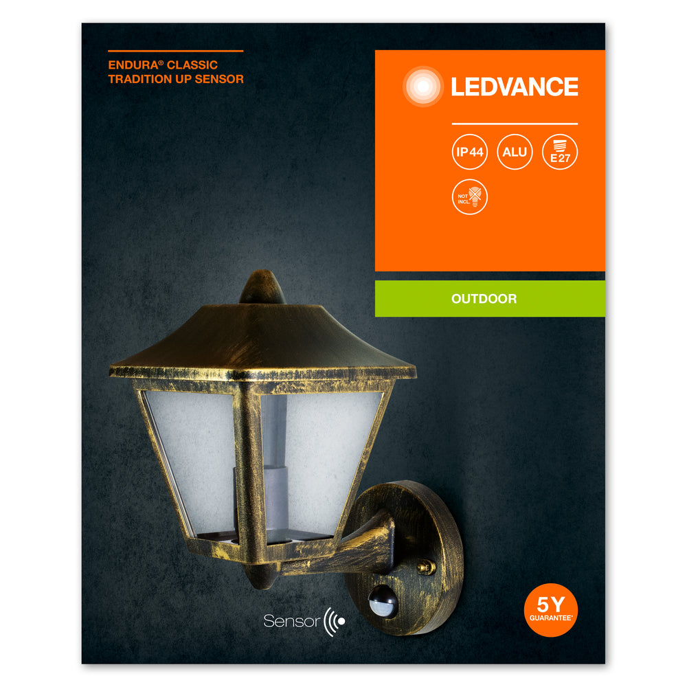 Ledvance ENDURA Classic Tradition Up Sensor Wandlamp E27 Goud Zwart Buiten IP44 Gietaluminium