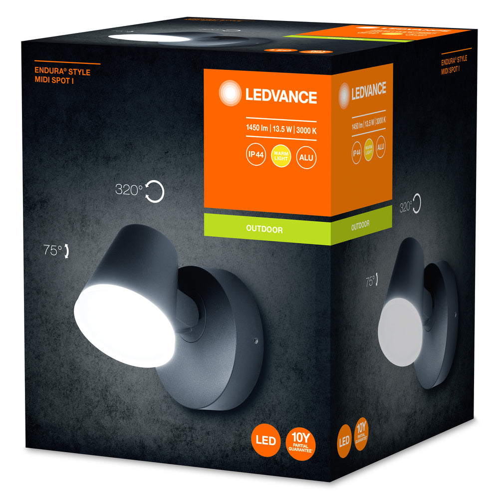 Ledvance ENDURA Style Midi Spot I LED wandlamp 13.5W 3000K 800 lumen IP44 Donkergrijs buiten