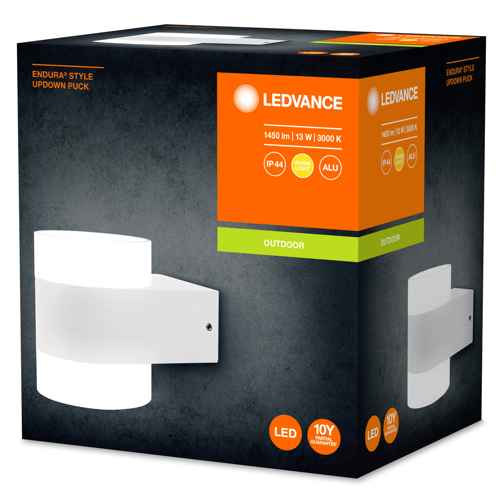 Ledvance ENDURA Style UpDown Puck LED Wandlamp 12.5W 3000K 980 lumen IP44 Wit Aluminium Buiten