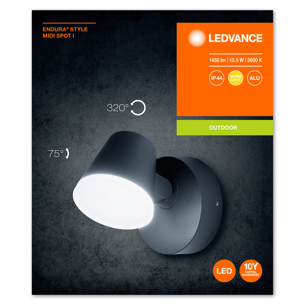 Ledvance ENDURA Style Midi Spot I LED wandlamp 13.5W 3000K 800 lumen IP44 Donkergrijs buiten