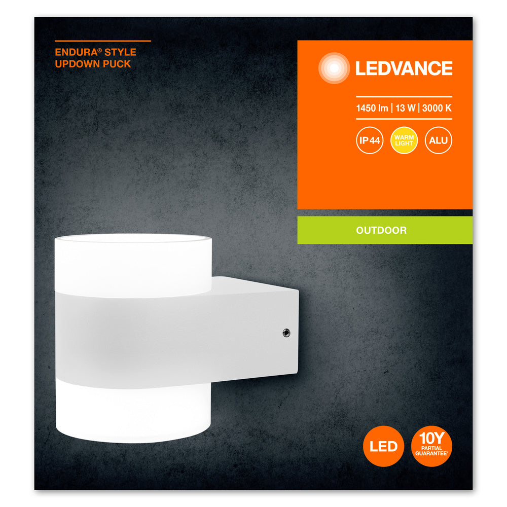 Ledvance ENDURA Style UpDown Puck LED Wandlamp 12.5W 3000K 980 lumen IP44 Wit Aluminium Buiten