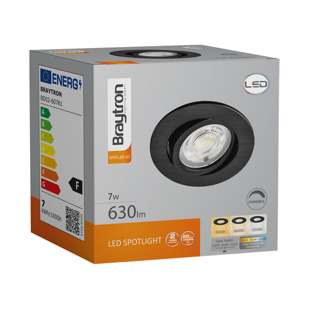 Braytron 7W dimbare LED-spotlight, 630 lumen, 3IN1 kleurtemperatuur, zwart, CRI >80, IP20