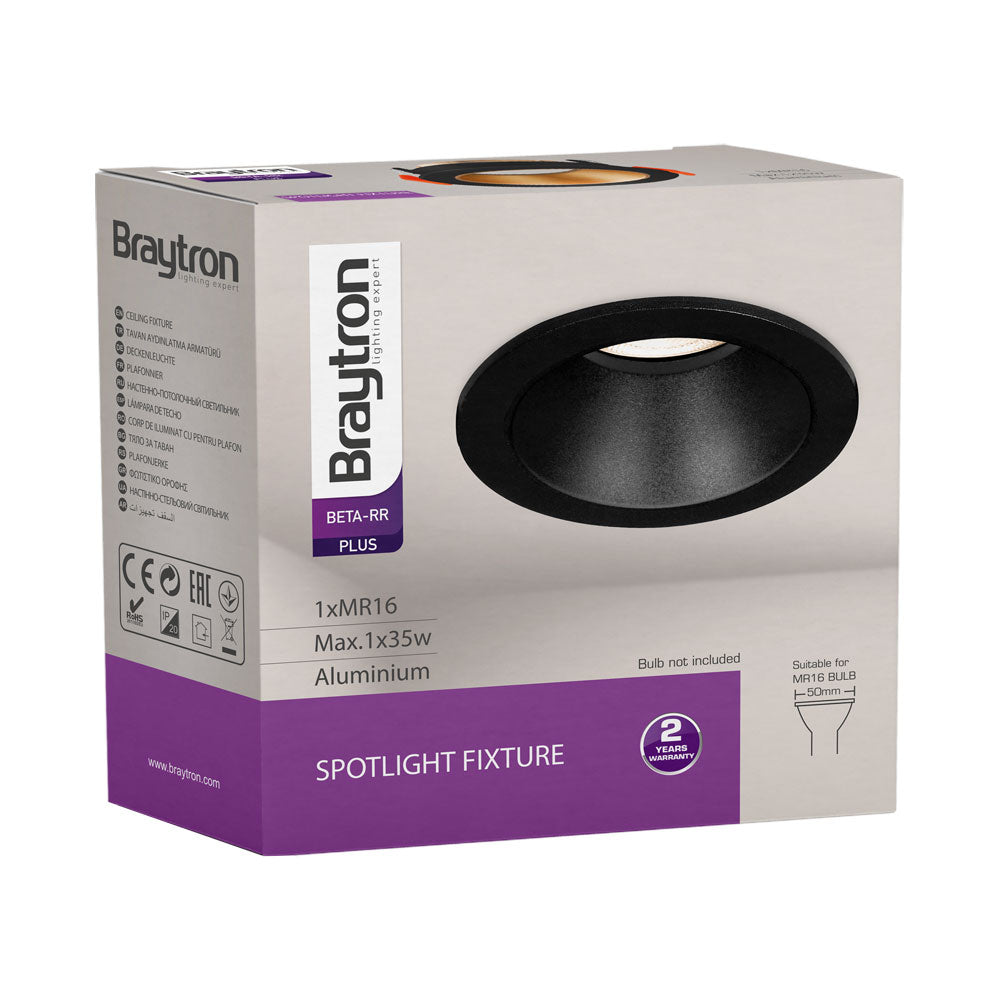 Braytron indoor spotlight, MR16 fitting, 35W, zwart aluminium, 85mm diameter