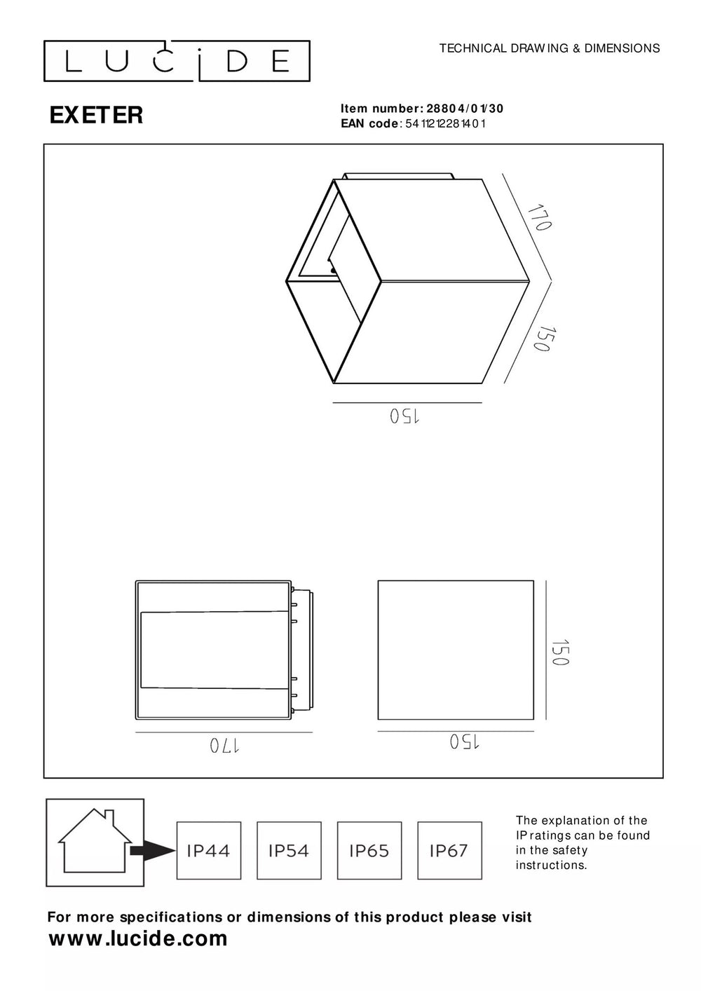 Applique murale d’extérieur Lucide EXETER Noir douille E27 IP54 boîtier en aluminium design durable