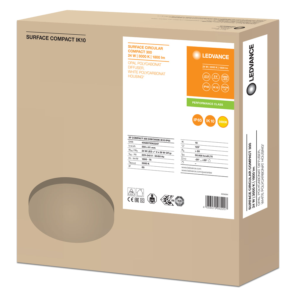 LED bulkhead plafond- of wandlamp, Wit, IP65 IK10, 24W 1800 lumen, 3000K warm wit, Ø300mm