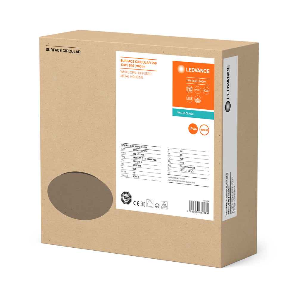 Applique LED circulaire en saillie Ø250 Blanc, 13W 960 lumens, 4000K, IP44