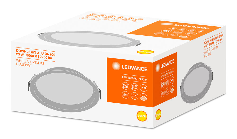 Spot encastré LED Alu DN200 25W 2250 lumens 3000K Blanc Chaud 215mm IP44