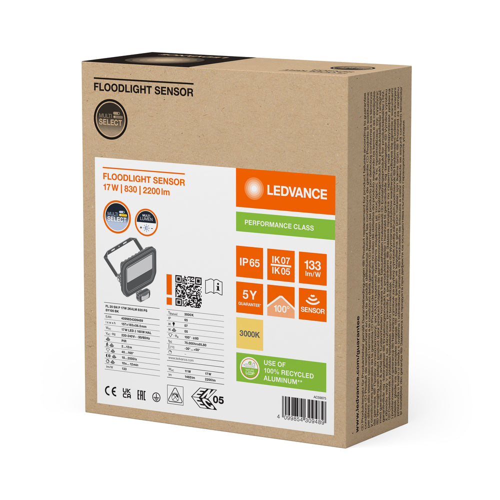 Projecteur LED 17W 2200 lumens 3000K IP65 Noir avec détecteur de mouvement et de luminosité