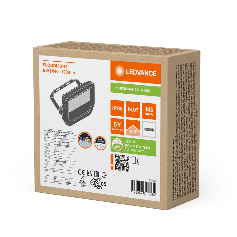 Projecteur LED Aluminium Noir 8W 1200 lumens 4000K IP66 faisceau symétrique