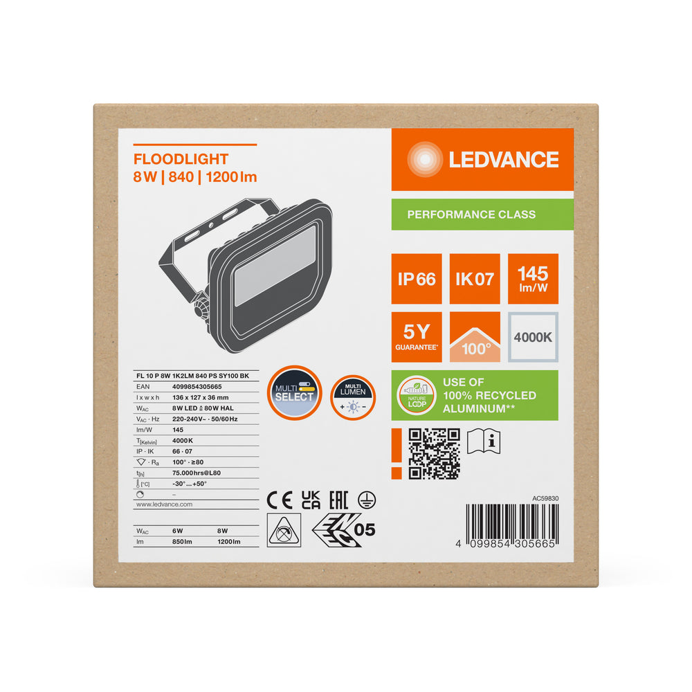 Projecteur LED Aluminium Noir 8W 1200 lumens 4000K IP66 faisceau symétrique