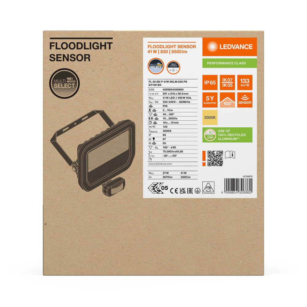 Projecteur LED avec détecteur GEN 3 Noir 41W 3000K 5500 lumens IP65 avec détecteur de mouvement et de luminosité, remplace 100W