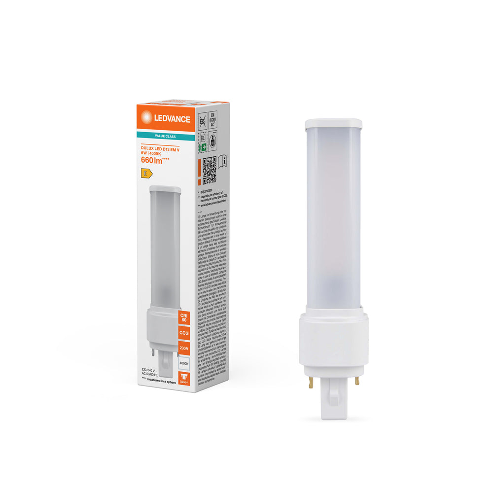 LED PL-C Dulux-D D/E 6W 660 lumens 4000K Blanc Froid G24d-1 2 broches 230V remplacement pour 13W