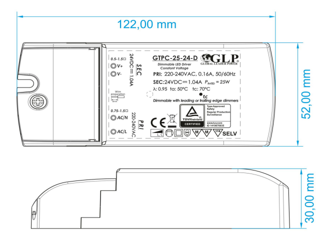 GLP LED voeding 12V 25W 2.08A dimbare driver voor 12V LED verlichting, IP20, CE RoHS gecertificeerd