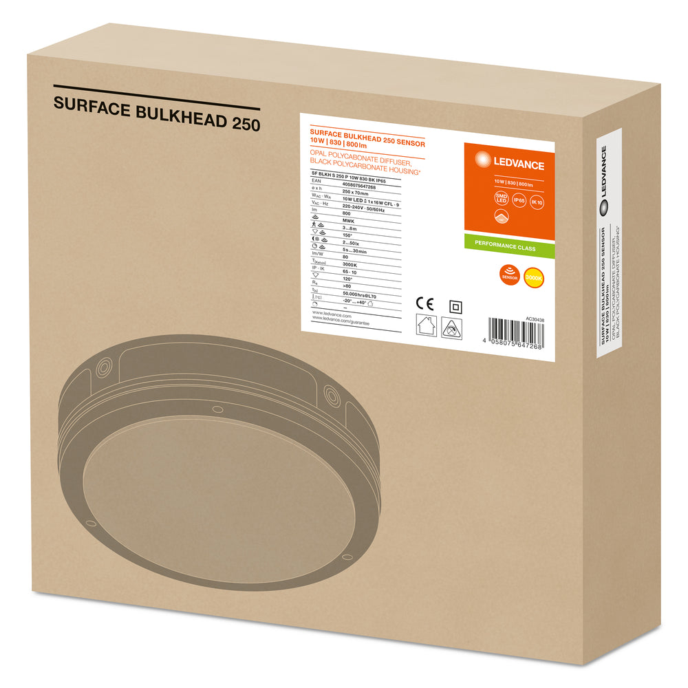 Applique murale LED hublot avec détecteur, 10W 800 lumens, 3000K blanc chaud, IP65 IK10, Noir Ø250MM