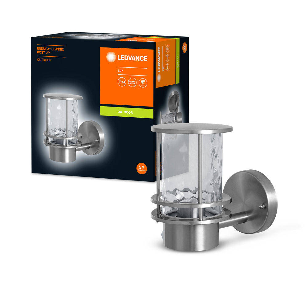 Ledvance ENDURA Classic Post Up E27 buitenwandlamp, roestvrijstalen behuizing, heldere glazen diffuser, IP44