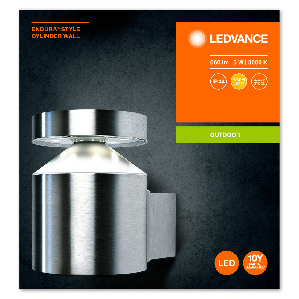Ledvance ENDURA Style Cylinder Wand LED Lamp 6W 3000K IP44 Roestvrij Staal Buiten Opbouw