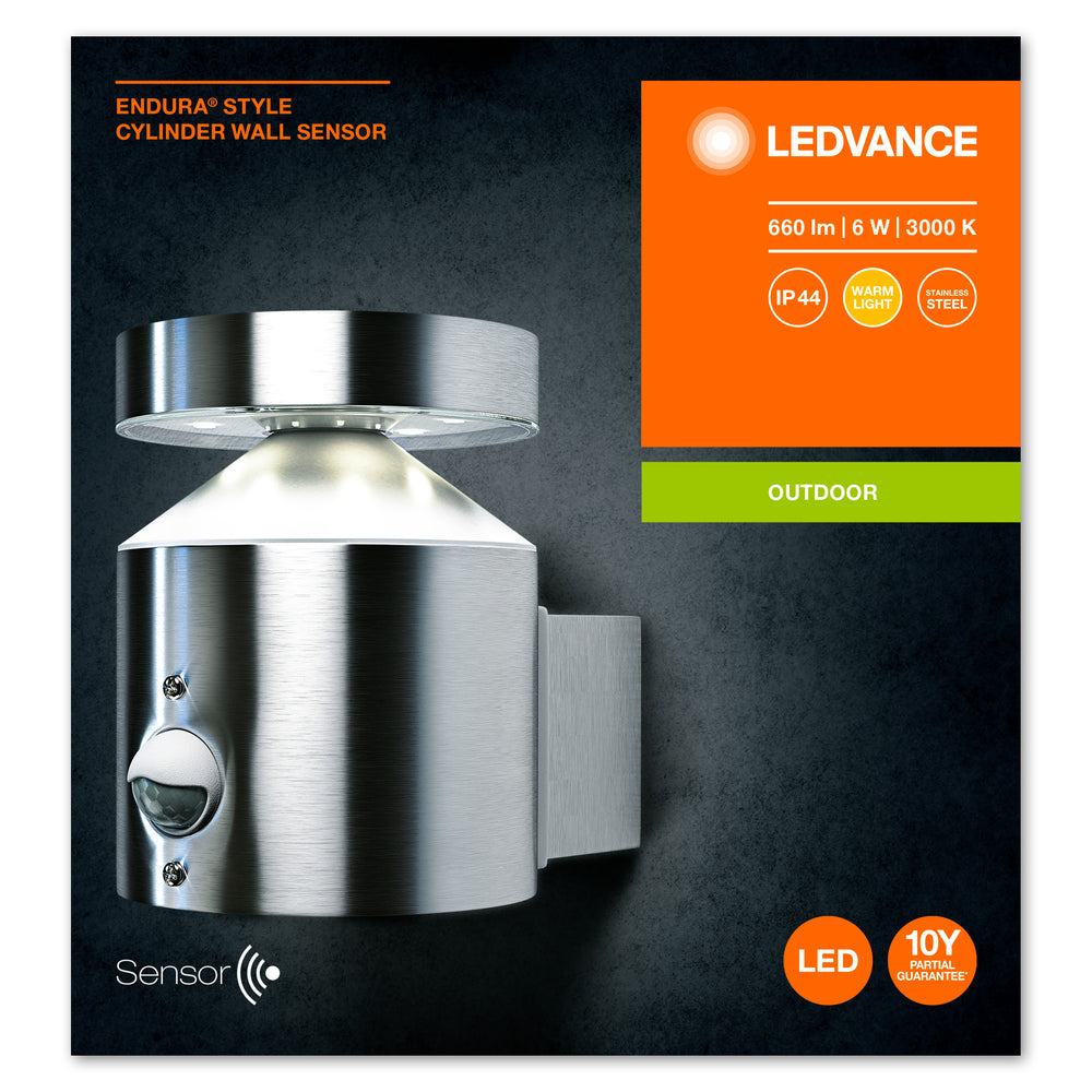 Ledvance ENDURA Style Applique Murale Cylindre avec Capteur LED Extérieur 6W 3000K Acier Inoxydable IP44