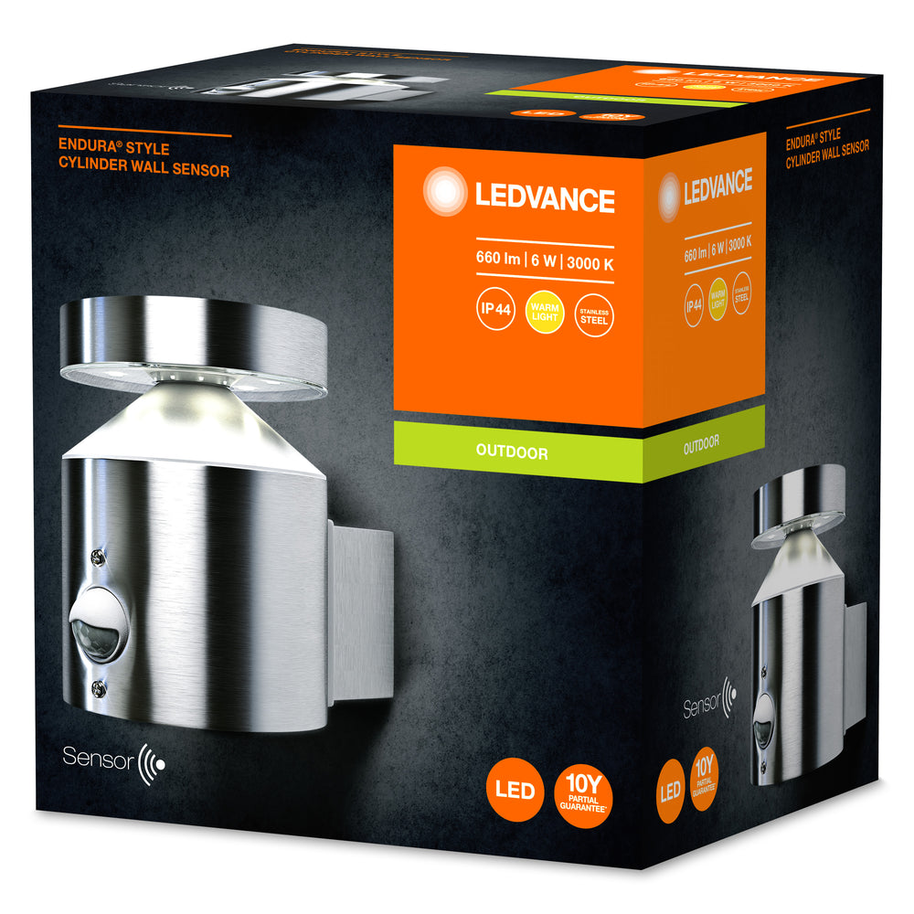Ledvance ENDURA Style Applique Murale Cylindre avec Capteur LED Extérieur 6W 3000K Acier Inoxydable IP44