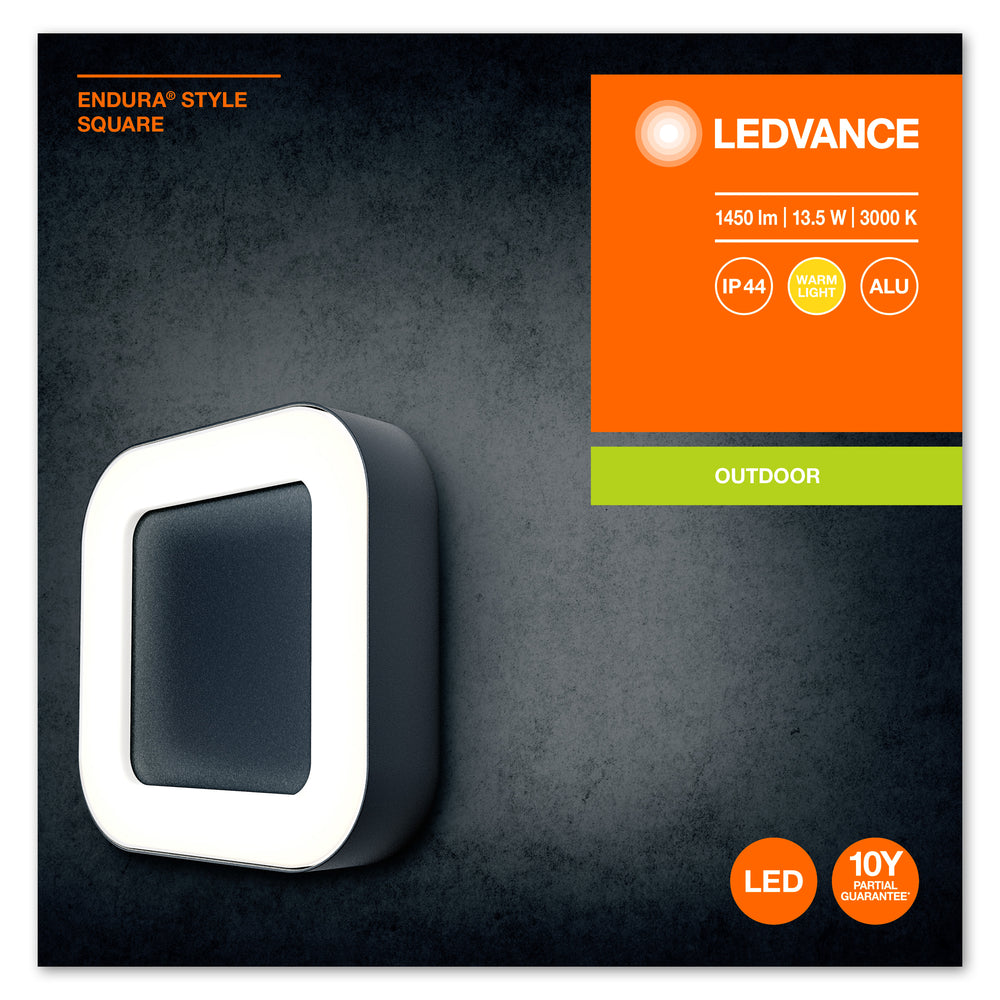 Ledvance ENDURA Style Square applique murale LED 13.5W 3000K Gris Foncé IP44 IK07 montage en surface extérieur