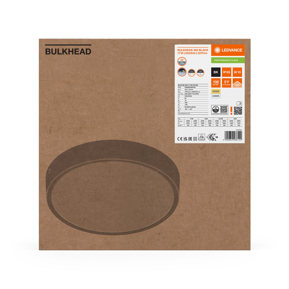 Ledvance LED Hublot Rond 300mm 17W IP65 IK10 2270 lumens 3000K 4000K Noir Montage en Saillie Luminaire Extérieur