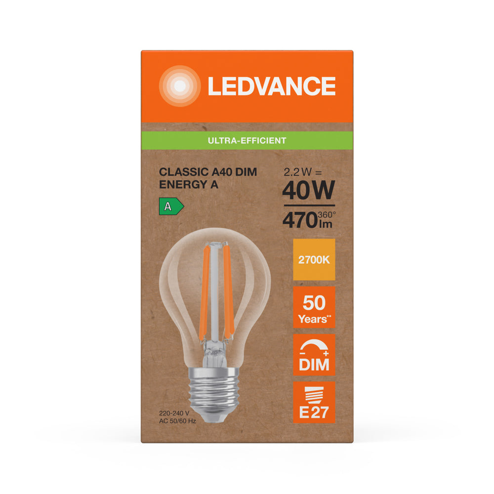 Ampoule Ledvance LED Classic A E27 2.2W 2700K dimmable 470 lumens verre transparent équivalent 40W blanc chaud