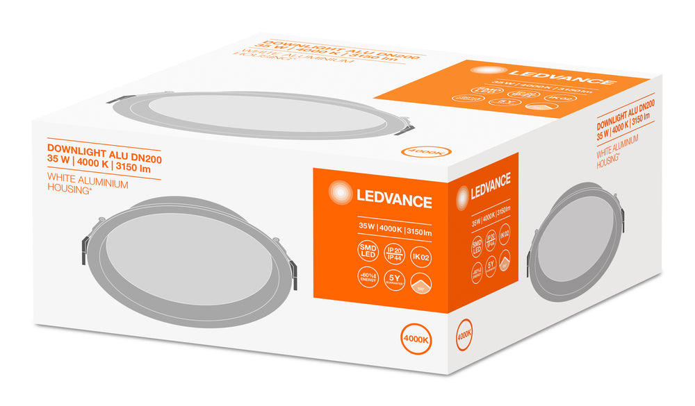 Ledvance LED downlight 200mm 20W/25W/30W 3000K/4000K 2400-3600 lumen CRI 90 IP44/IP20 Wit aluminium