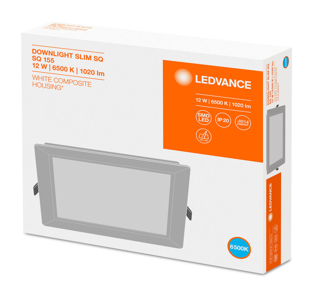 Downlight LED carré slim Ledvance 12W 6500K 1020 lumens encastré Blanc IP20 169x169mm