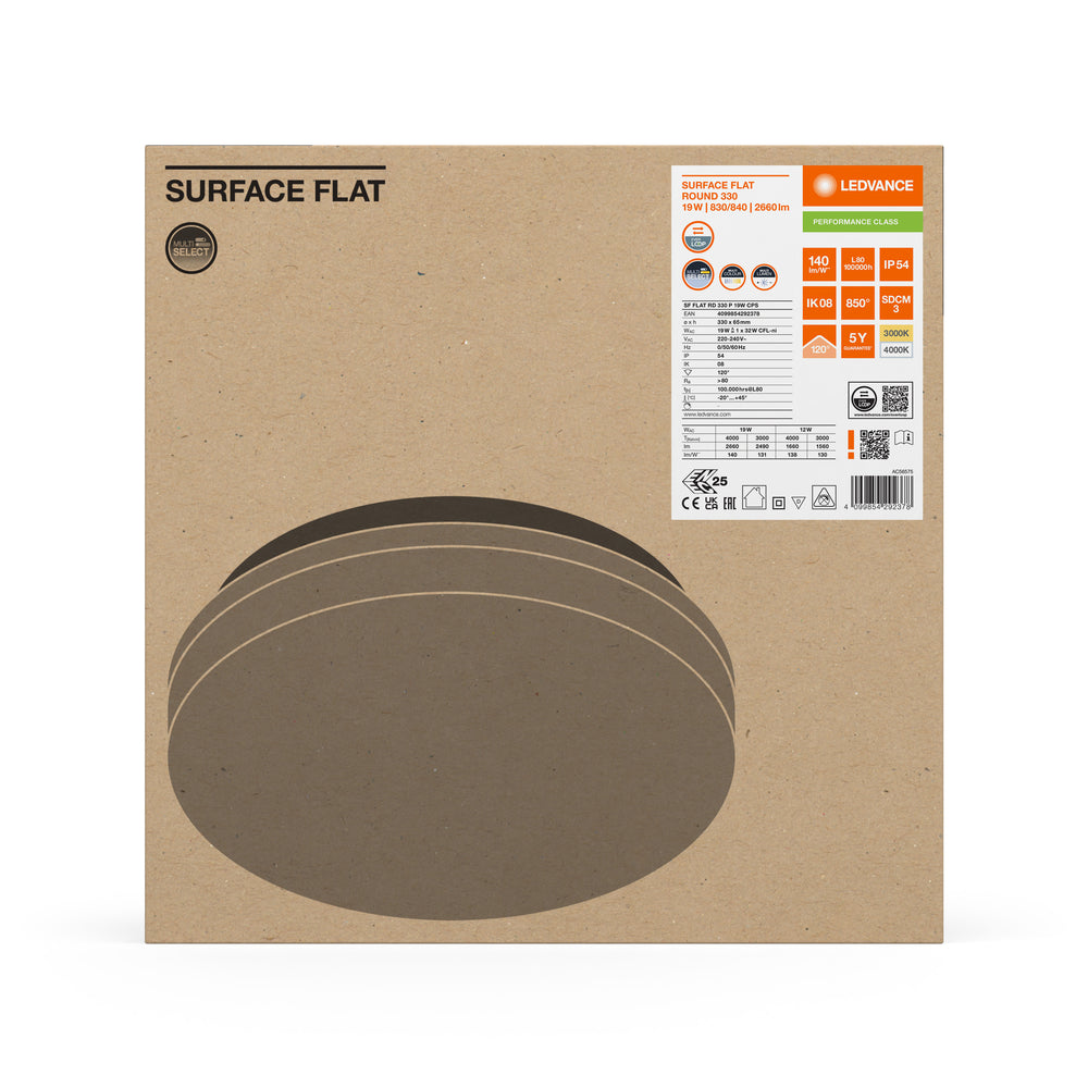 Ledvance LED plafonnier et applique mural rond plat 19W 2660 lumens 3000K 4000K IP54 IK08 Blanc