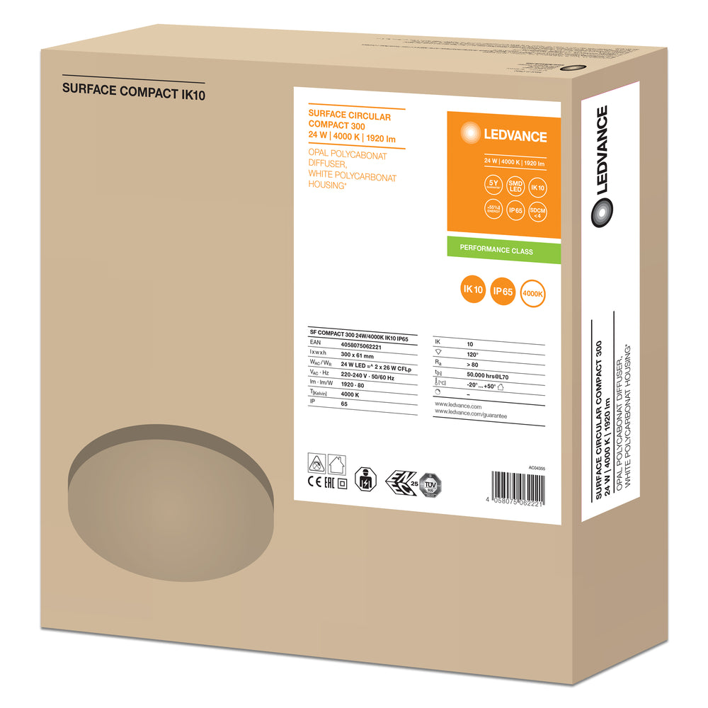 Ledvance Opbouw LED Compact 24W 4000K IP65 IK10 Wit plafond- en wandarmatuur 1920 lumen
