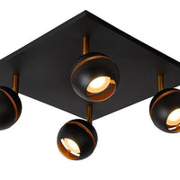 Lucide BINARI LED plafondspot, 4x4.5W 2700K, rond metaal, mat zandzwart met gouden accenten, IP20