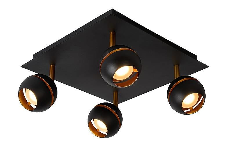 Lucide BINARI LED plafondspot, 4x4.5W 2700K, rond metaal, mat zandzwart met gouden accenten, IP20