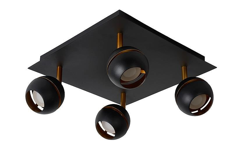 Lucide BINARI LED plafondspot, 4x4.5W 2700K, rond metaal, mat zandzwart met gouden accenten, IP20
