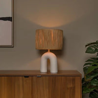 Lucide LED tafellamp Ronda met E27 fitting, rattan kap, keramische voet, 28x28x45cm Wit voor gebruik binnenshuis