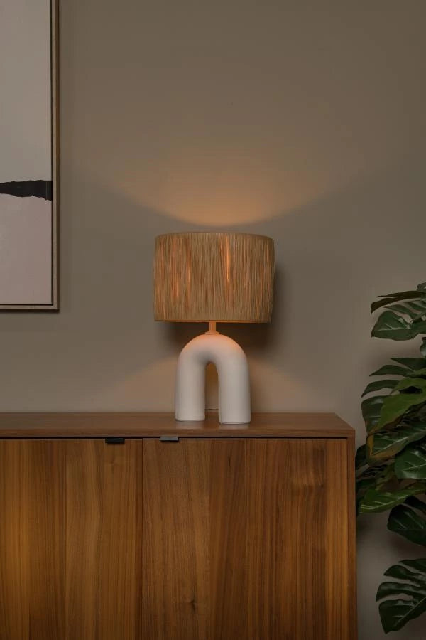 Lucide LED tafellamp Ronda met E27 fitting, rattan kap, keramische voet, 28x28x45cm Wit voor gebruik binnenshuis