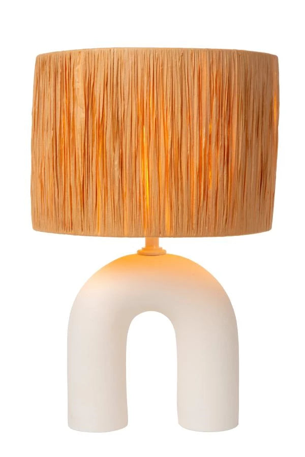 Lucide LED tafellamp Ronda met E27 fitting, rattan kap, keramische voet, 28x28x45cm Wit voor gebruik binnenshuis