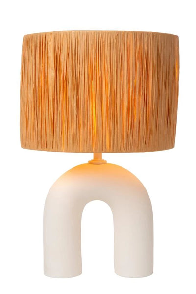 Lampe de table LED Lucide Ronda avec douille E27, abat-jour en rotin, base en céramique, 28x28x45cm Blanc pour usage intérieur