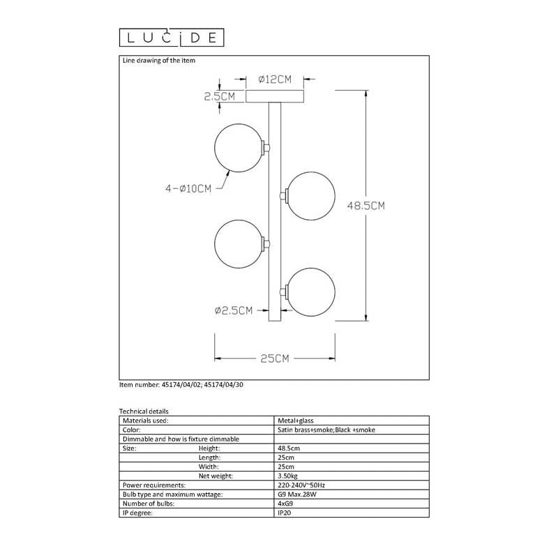 Lucide Tycho plafondlamp Ø25cm 4xG9 zwart met 220-240V input