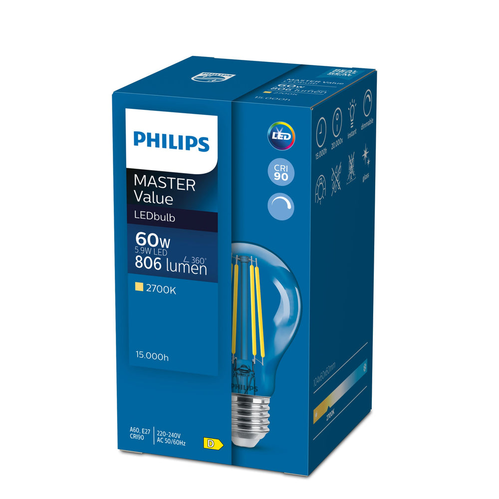 Ampoule LED Philips MASTER Value 7.8W E27 A60 2700K Blanc Chaud 1055 lumens 90CRI Dimmable Finition Mate