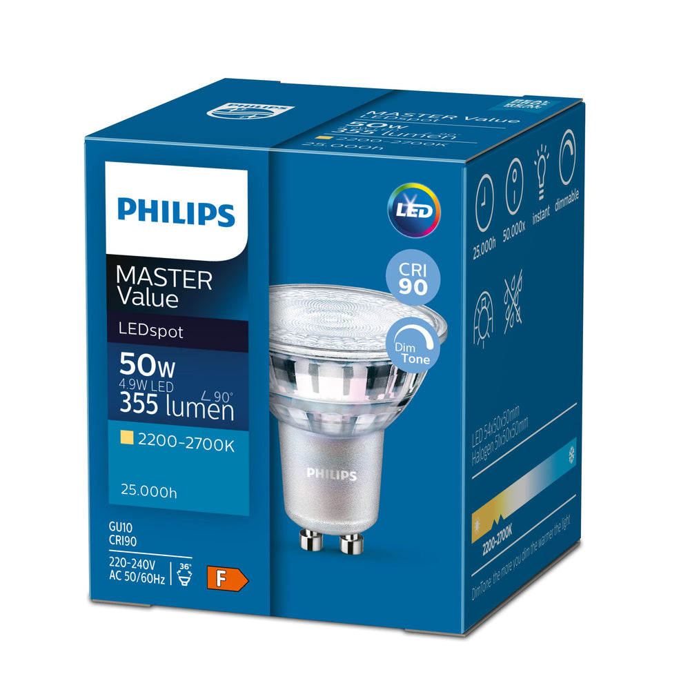 Philips MASTER Value LEDspot GU10 4.9W 2200K-2700K 355 lumens faisceau 36° CRI90 dimmable