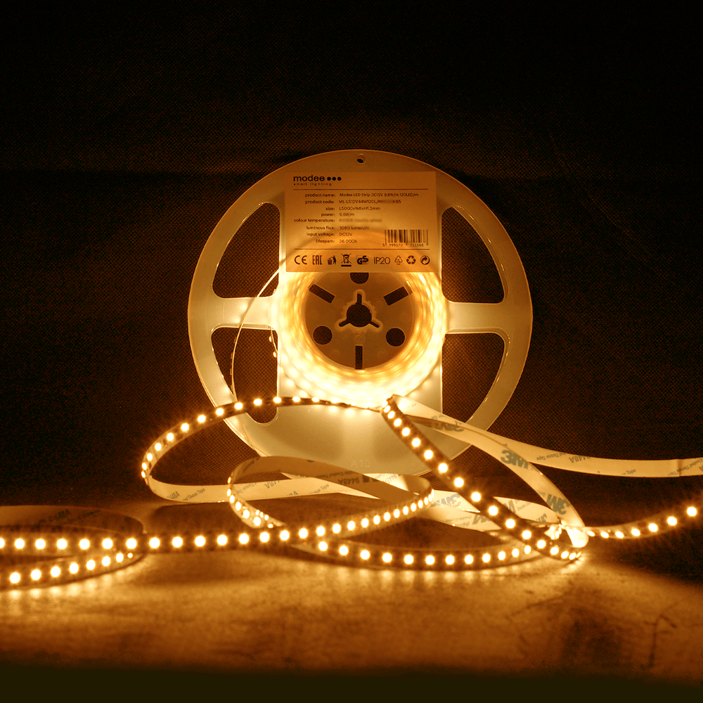 Modee LED Strip DC12V 9.6W/m 120LED/m 1080 lumen IP20 2700K 8mm Enkelkleurig Koper 5m Rol