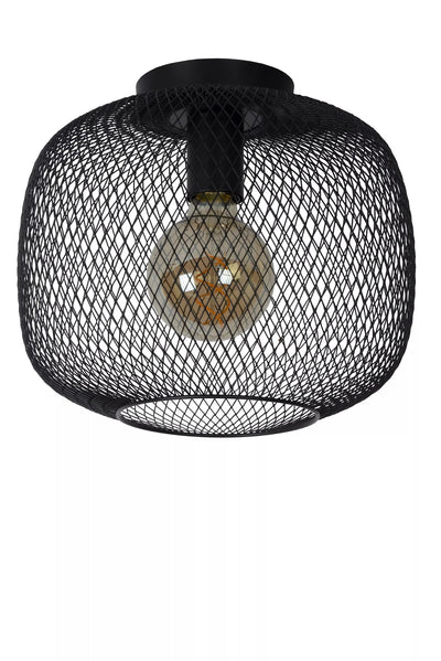 Lucide MESH plafondlamp Ø30cm, E27 fitting, metalen cilindervorm design, matzwarte afwerking, IP20 binnenverlichting