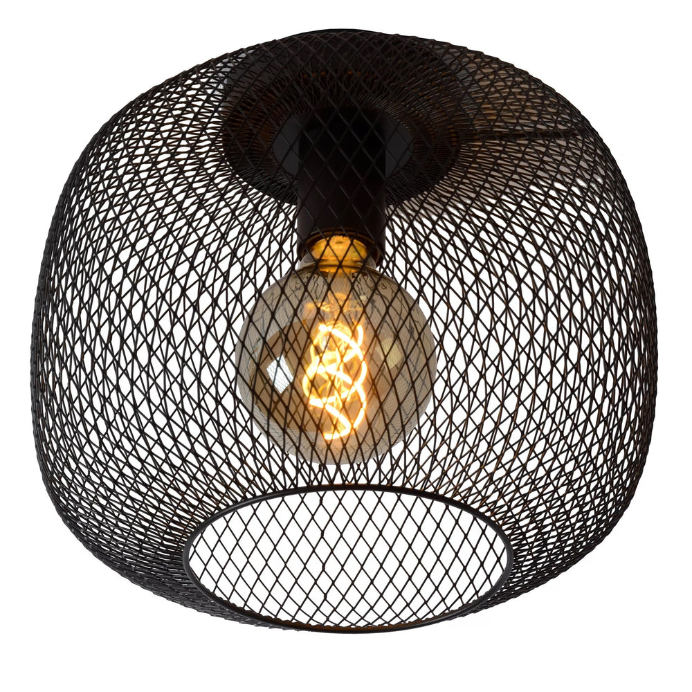 Lucide MESH plafondlamp Ø30cm, E27 fitting, metalen cilindervorm design, matzwarte afwerking, IP20 binnenverlichting