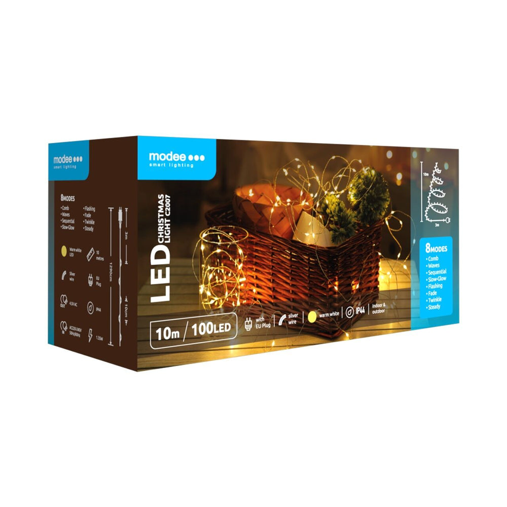 Guirlande lumineuse de Noël LED Modee 100 LEDs 10m fil de cuivre blanc chaud 2550K IP44 avec adaptateur